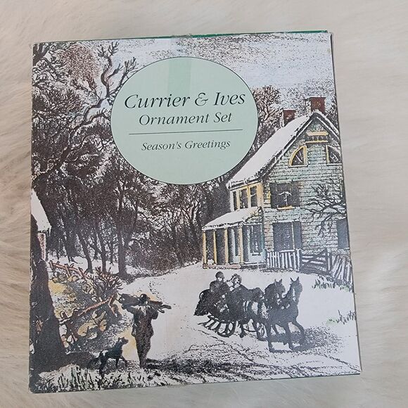 Vintage Currier & Ives 6 Plastic Bell Ornament Set W/ Box Season's Greetings - Picture 3 of 4